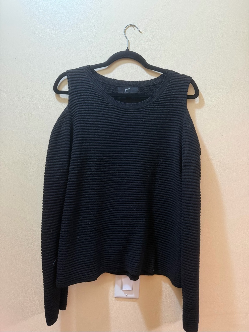 GNW Black Cold-Shoulder Ribbed Crewneck Sweater